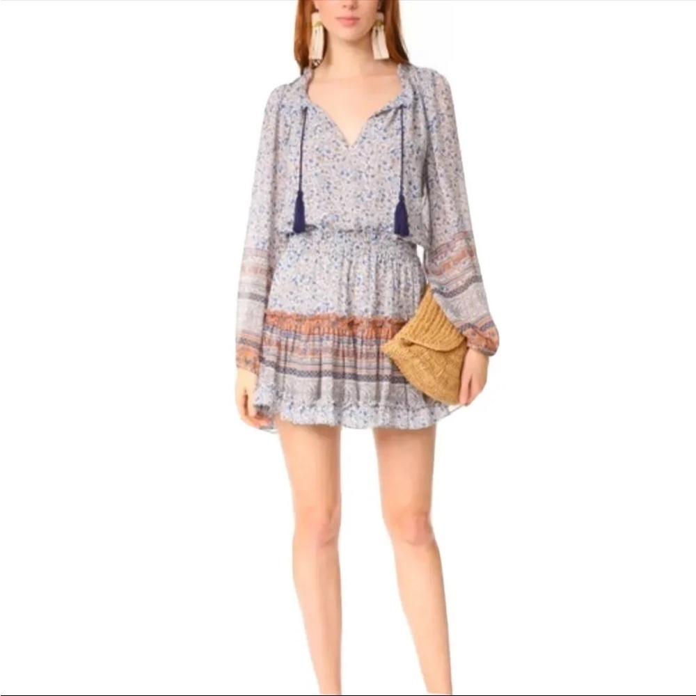 Misa Los Angeles- “Lorena” Blue And Orange Floral Long-Sleeve Ruffle Mini Dress